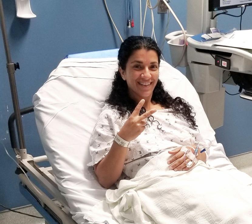 Orit Stamker in hospital room waiting to donate bone marrow